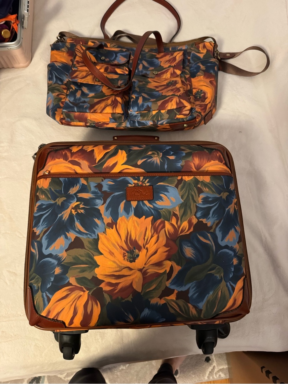 Patricia Nash Orange & Blue Floral Rolling Carry-On w & Matching Tote